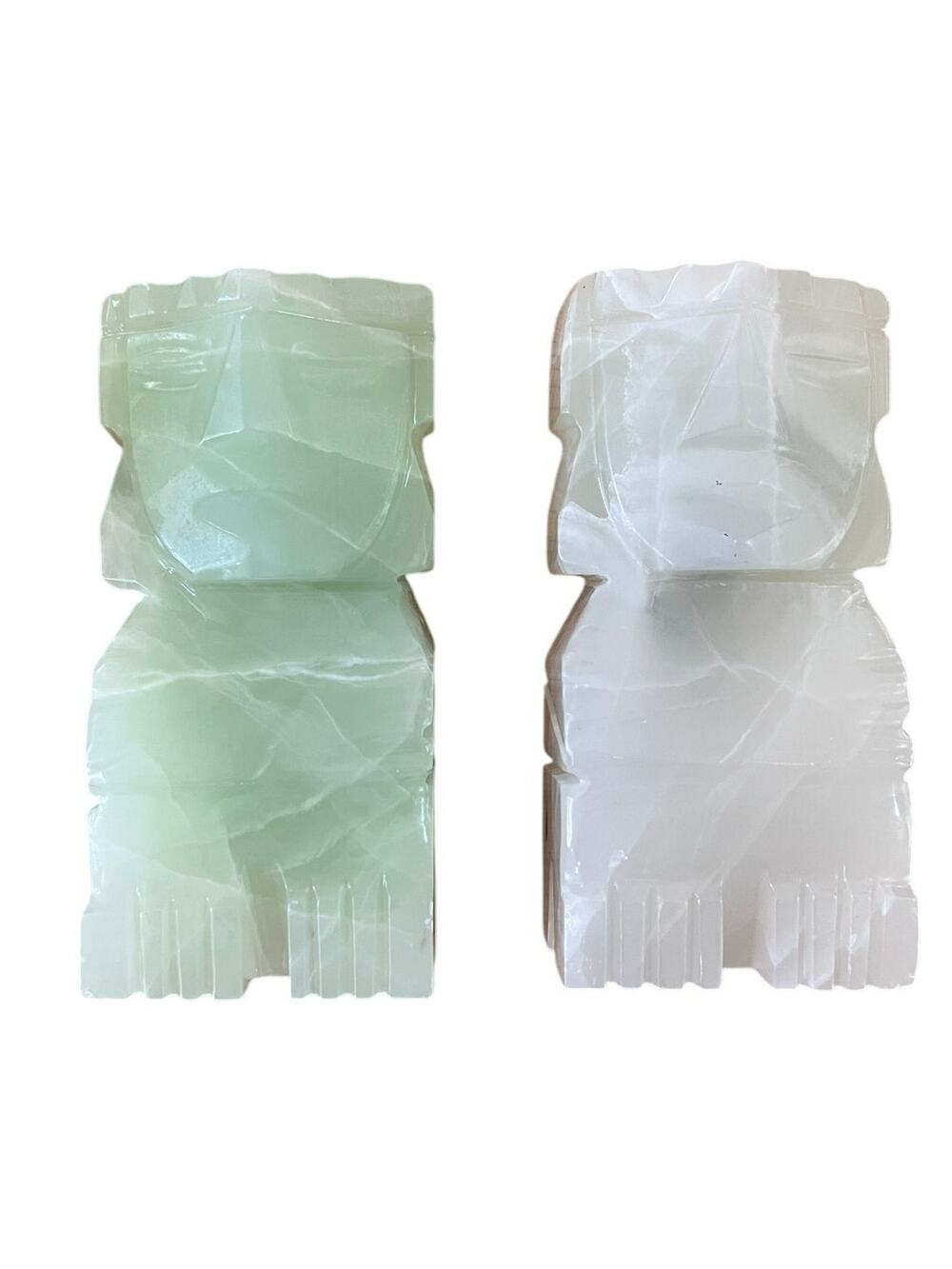 Set of 2 Vintage Hand Carved Green White Onyx Marble Tiki Statues Decor READ
